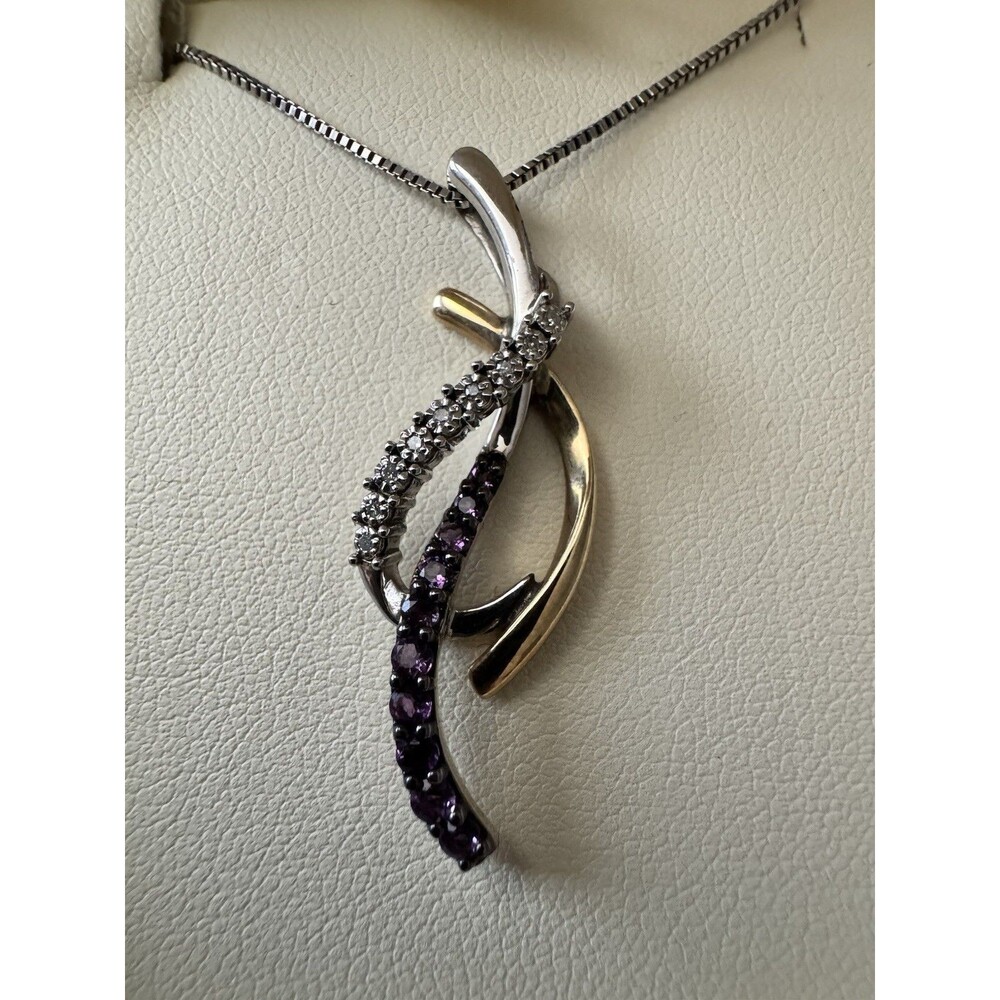 Jared Amethyst Diamond 10K Gold 925 Sterling Silver Pendant Necklace In Box